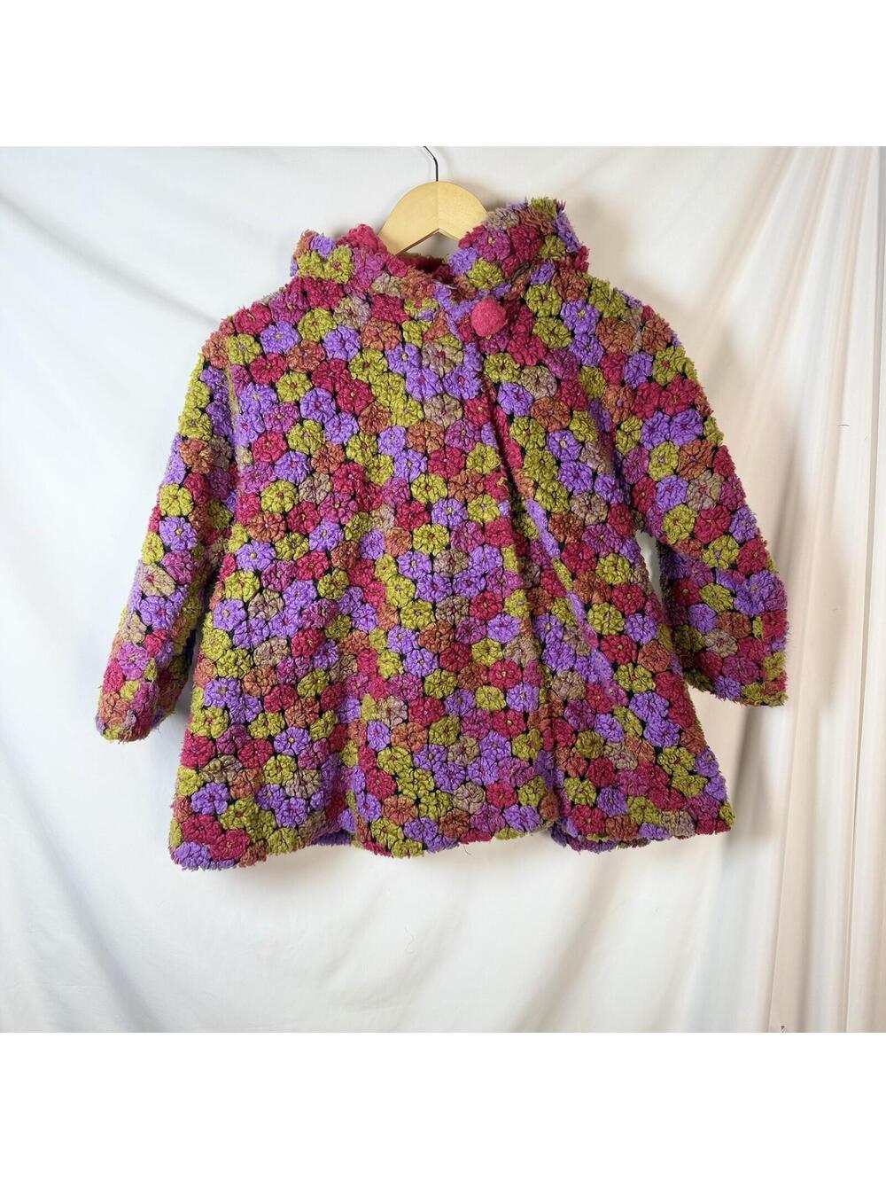 Corky & Company Girls Coat Purple Pink Green Crochet Daisy Flare Sz 6 Unique